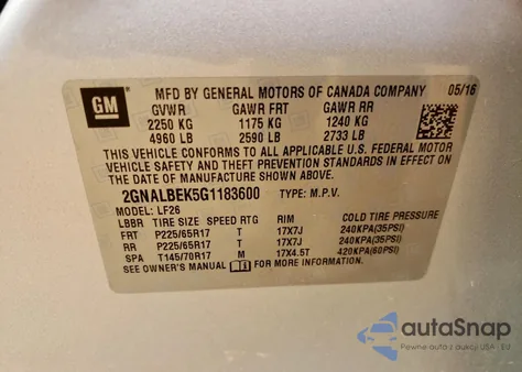 2016 Chevrolet Equinox Ls z USA, uszkodzony, nr VIN 2GNALBEK5G1183600